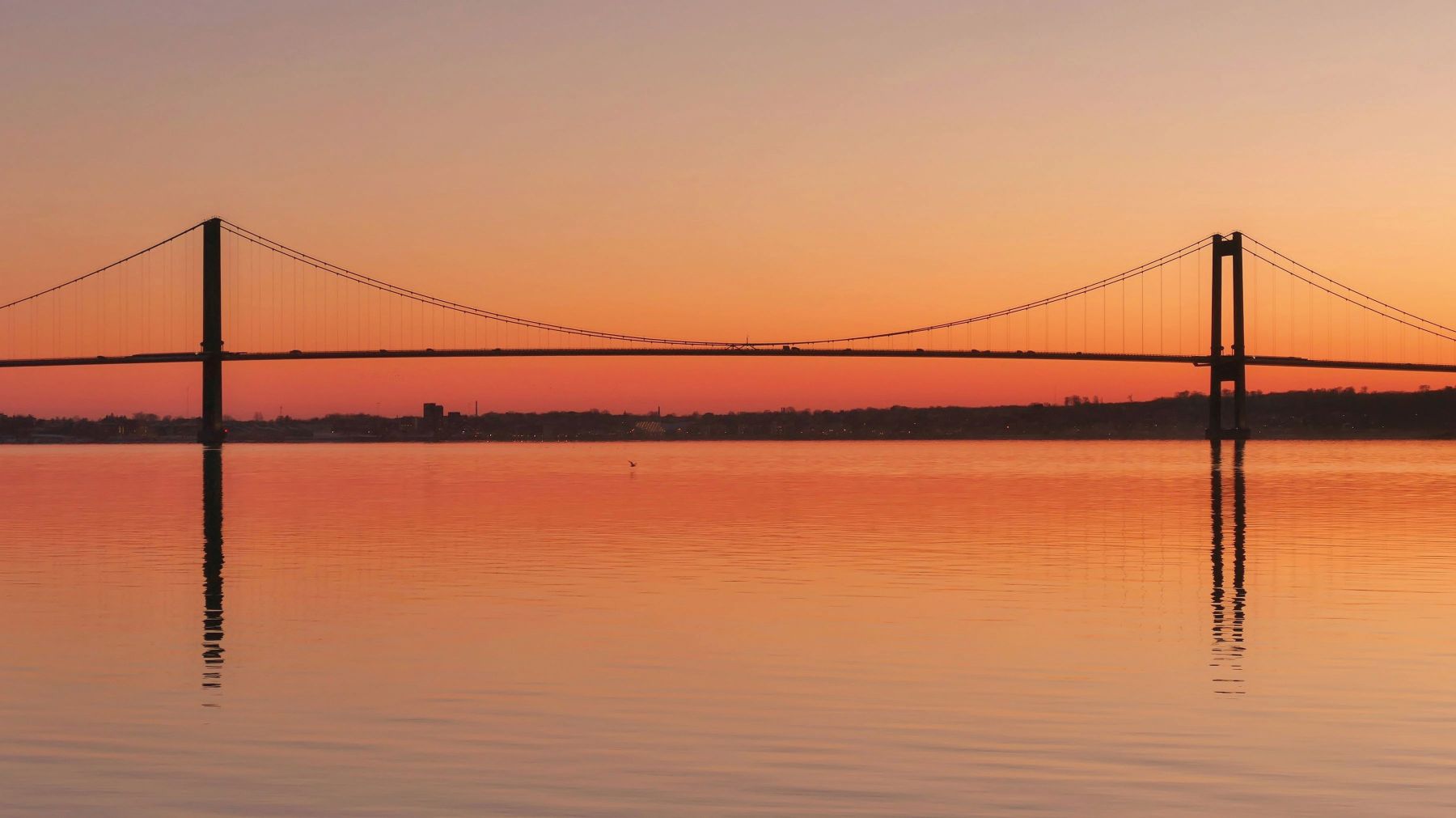 Den Nye Lillebæltsbro set fra havet i solnedgang