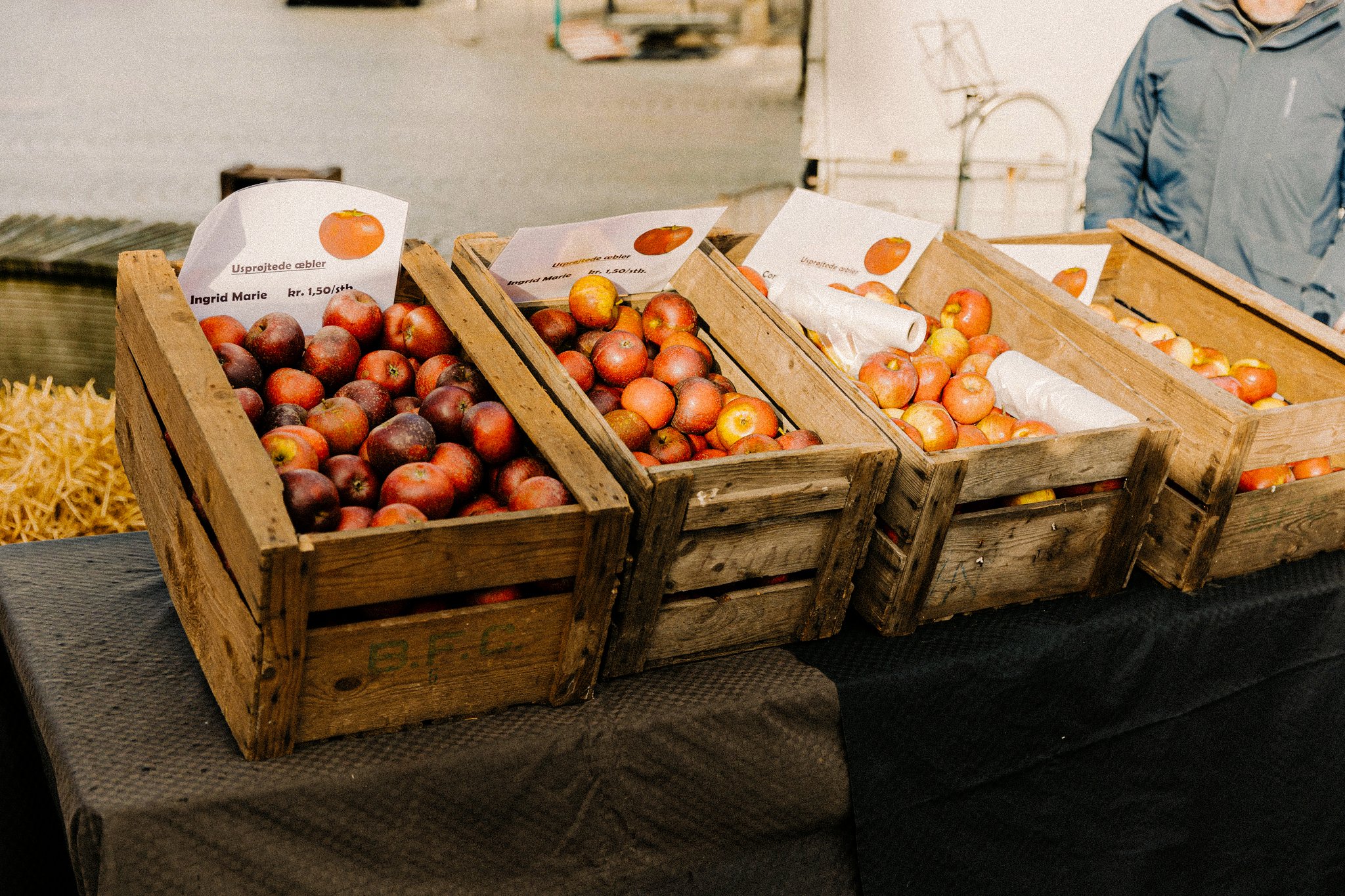 æblefestival - Æbler i frugtkasser på et torv i middelfart